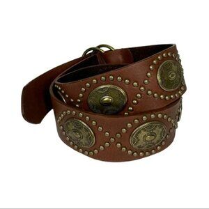NWT Medallion Embellished Bronze Studded Brown Leather D-Ring Buckle Belt Large
